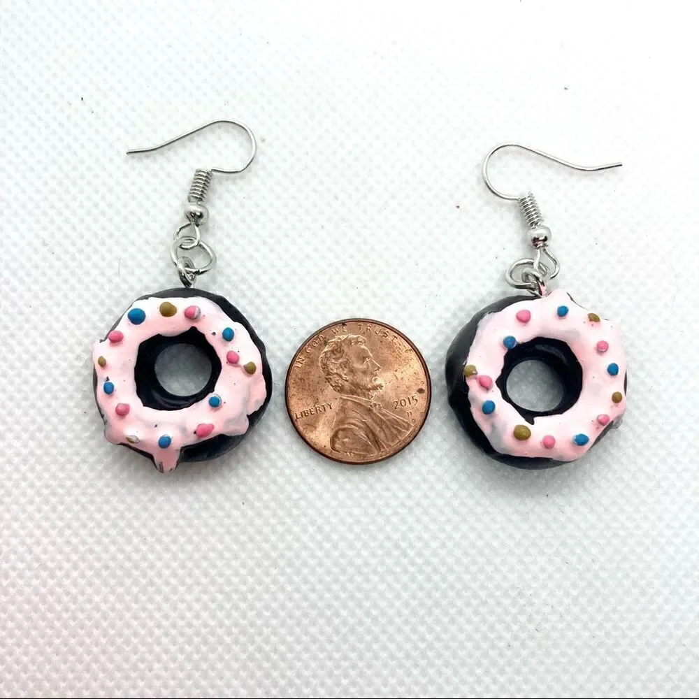 Black and Pink Sprinkled Donut Drop Earrings